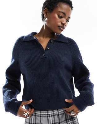 knit polo collar sweater in navy