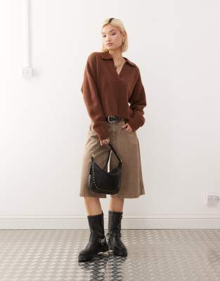 Monki Knit Polo Sweater In Brown