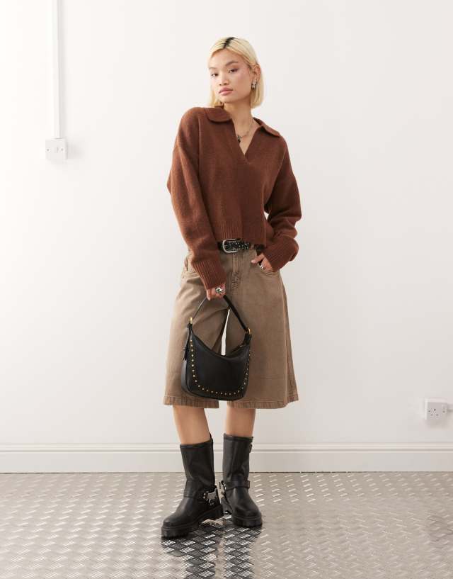 Monki knit polo sweater in chocolate brown | ASOS