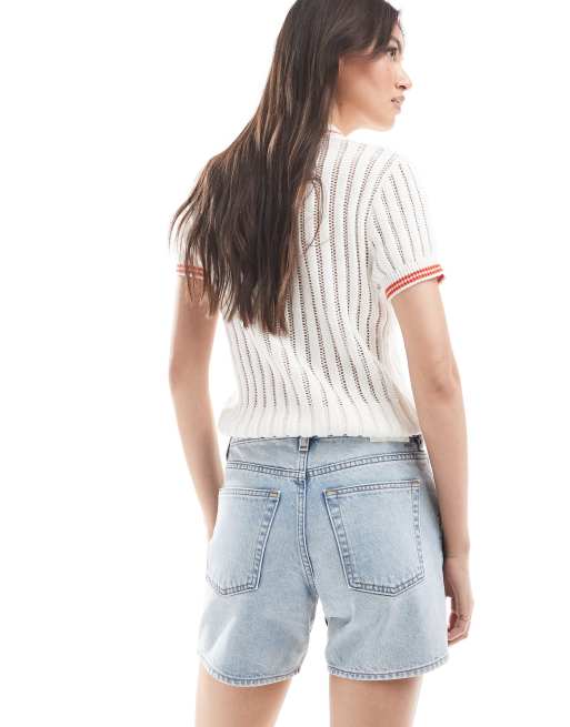 Monki knit polo top with stitch details in white, 3 of 4