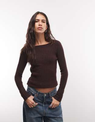 Monki Knit Rib Sweater In Burgundy