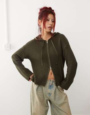 knit ribbed hoodie zip up cardigan in green