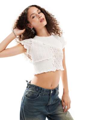 Monki Knit Short Sleeve Crop Top With Frill Detail In Off White