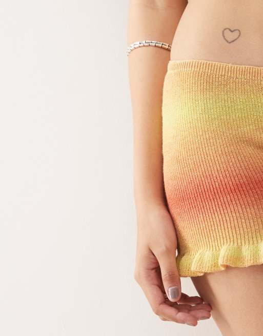 Monki knit shorts with lettuce hem in red and yellow space dye stripe, 3 of 5
