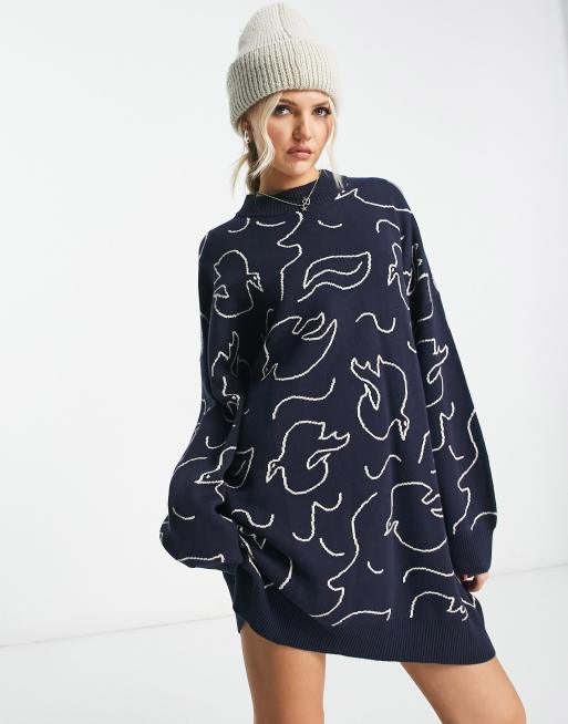 Monki knit sweater mini dress in navy bird | ASOS