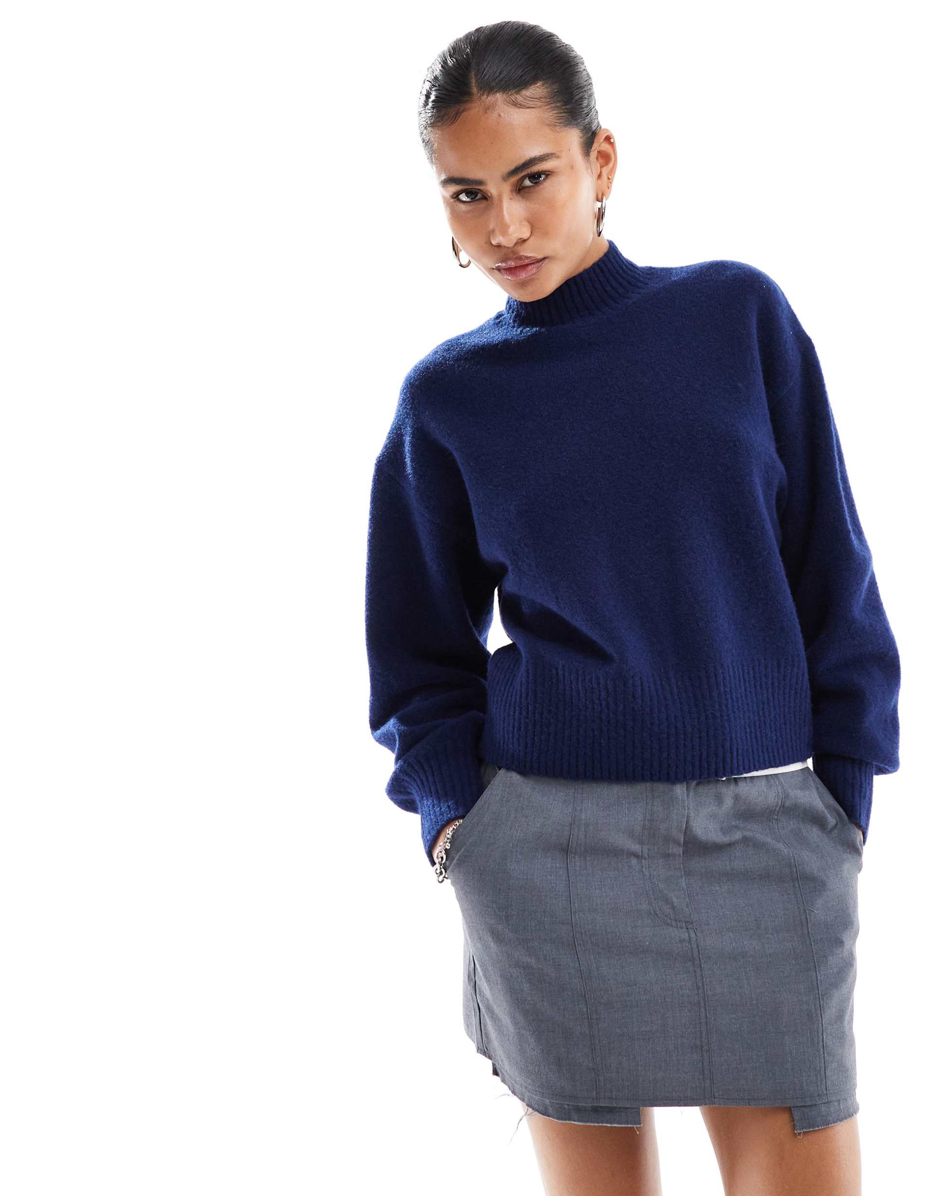 monki knit turtleneck sweater in indigo blue
