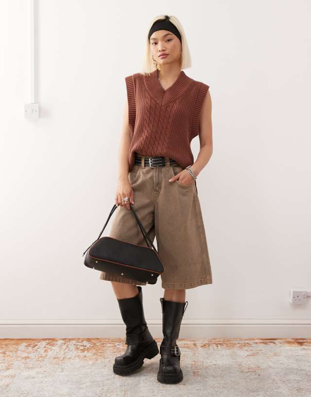 Monki knit varsity sweater vest in chocolate brown | ASOS