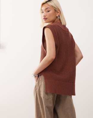 Monki knit varsity sweater vest in chocolate brown | ASOS
