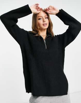 knit zip front sweater in black