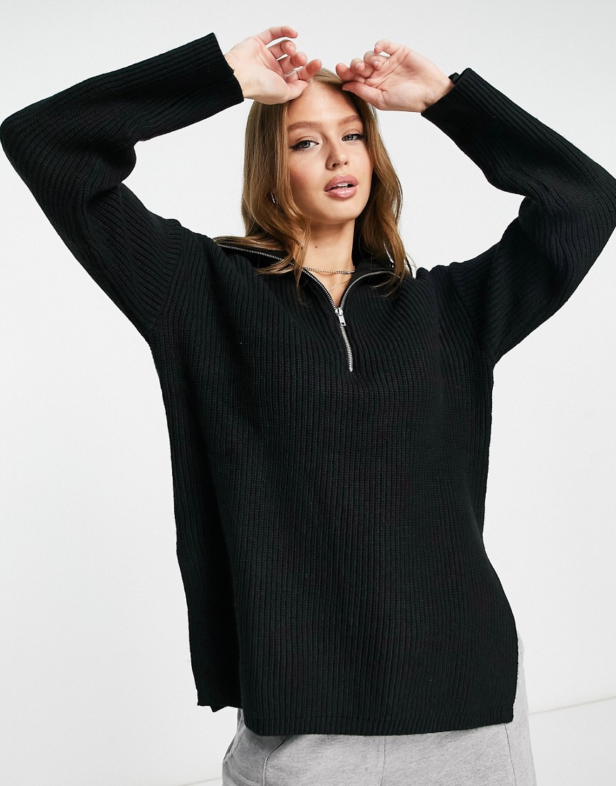 Monki Knit Zip Front Sweater In Black
