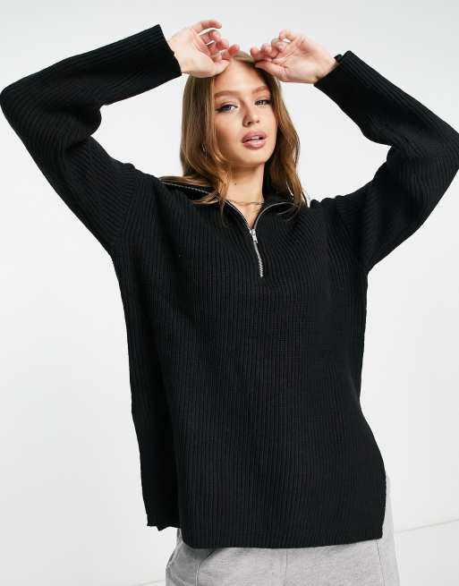 Monki knit zip front sweater in black