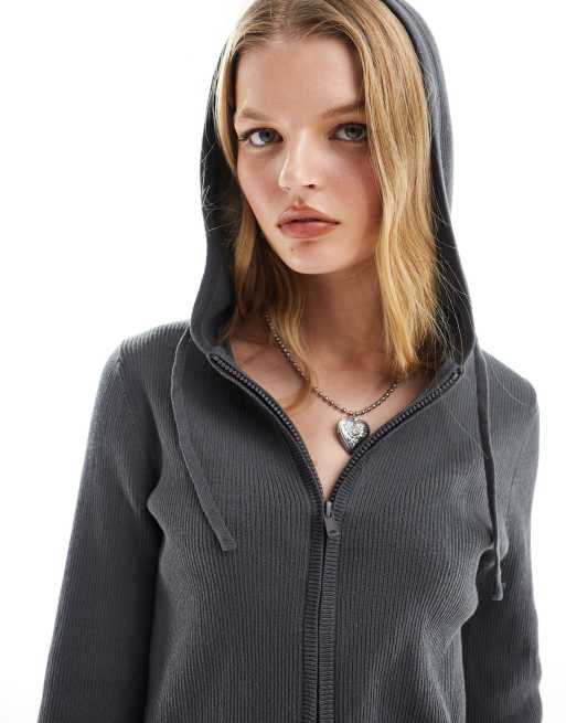 Monki knit zip up cardigan with hood in dark gray melange