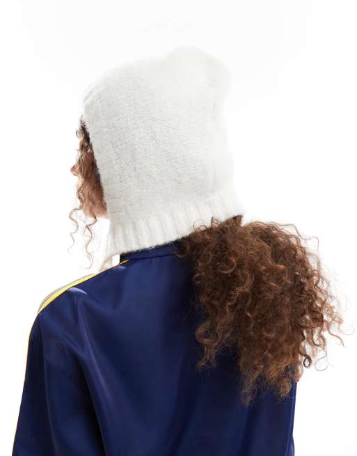 Monki knitted bonnet tie up balaclava hood in off white | ASOS