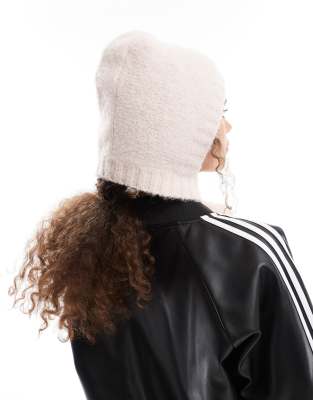Monki knitted bonnet tie up balaclava in light dusty pink | ASOS