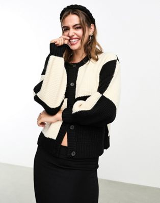 Monki knitted cardigan in oversized black and beige check
