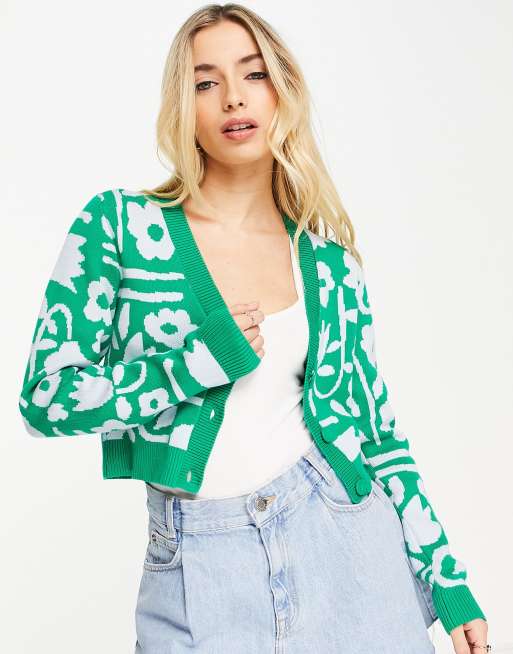 Monki knitted cardigan in oversized flower print in green | ASOS