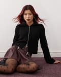 [Monki] Monki knitted collar detail zip up cardigan in black 2XS Black
