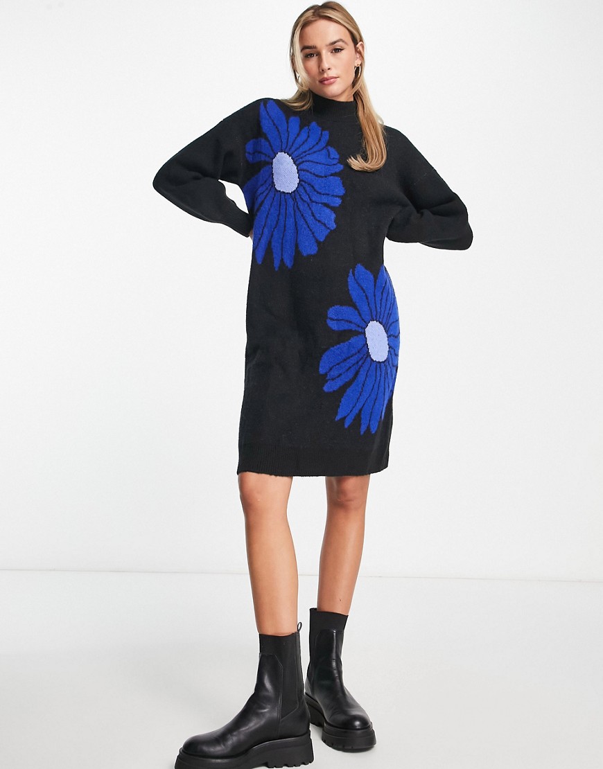 Monki knitted dress in blue and black floral