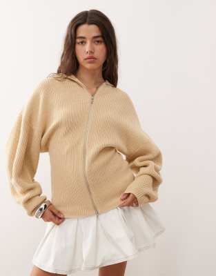 Monki Monki knitted hooded jumper double zip and cinched waist detail in beige-Neutral