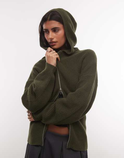 Monki knitted hooded jumper double zip and cinched waist detail in khaki - view 1