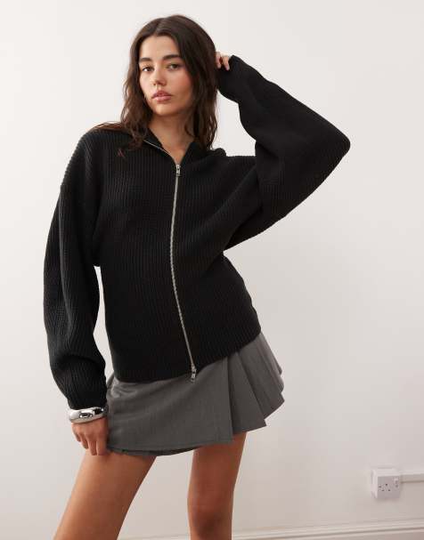Monki knitted hooded jumper with double zip and cinched waist detail in black - view 1