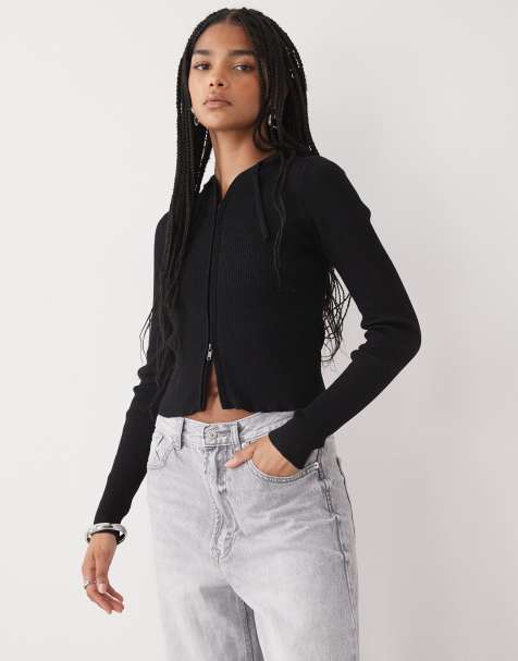 Monki knitted hoodie zip up cardigan in black - view 1