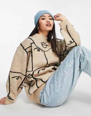 Monki knitted jacquard face sweater in beige