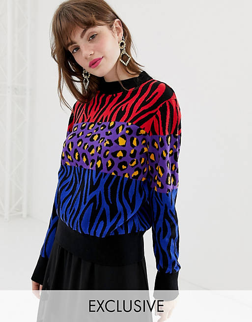 Monki knitted jumper in mixed animal print in colour block