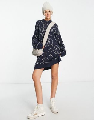 Monki knitted jumper mini dress in navy bird