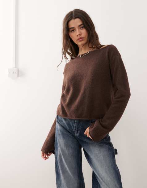 Monki knitted jumper with flared sleeves in dark brown - view 1