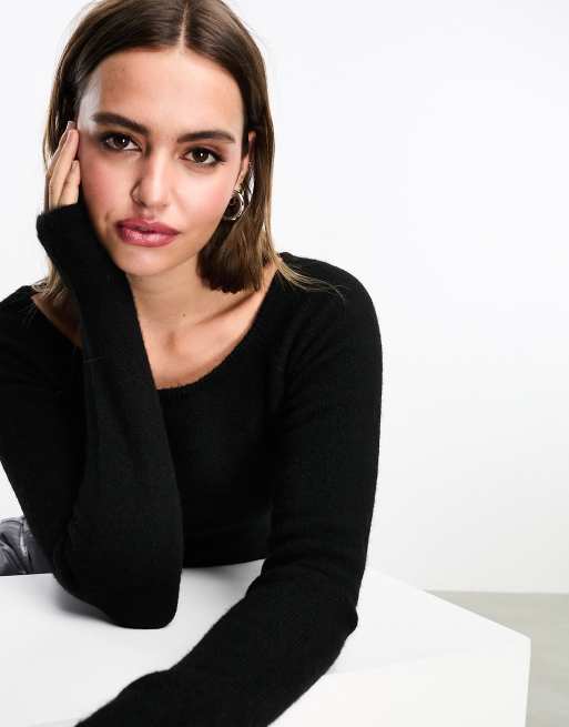 Monki knitted long sleeve boat neck top in black | ASOS