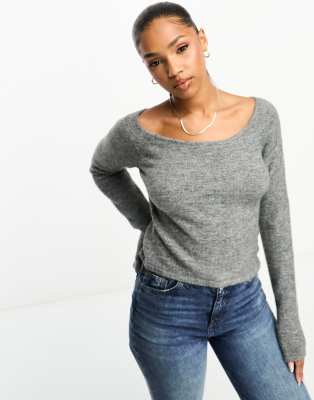 Monki knitted long sleeve boat neck top in grey marl - view 1
