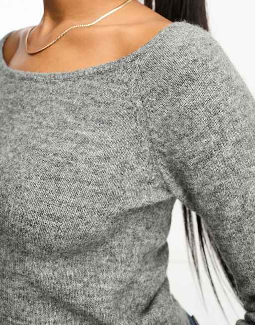 Monki knitted long sleeve boat neck top in grey marl