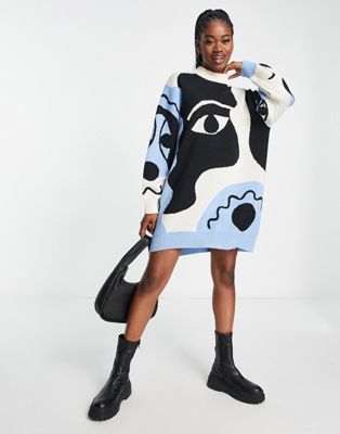 Monki knitted mini dress in abstract face print