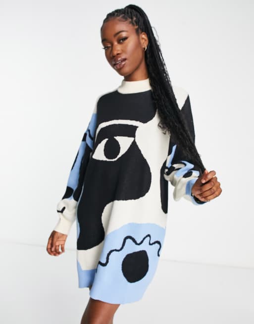 Monki knitted mini dress in abstract face print ASOS