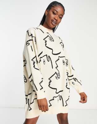 Monki knitted mini dress in beige face print