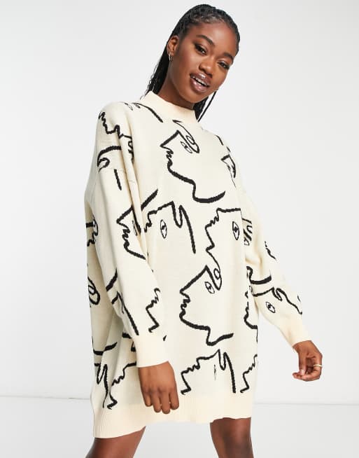 Monki Knitted Mini Dress In Beige Face Print Asos