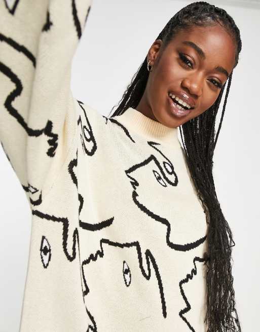 Monki knitted mini dress in beige face print | ASOS