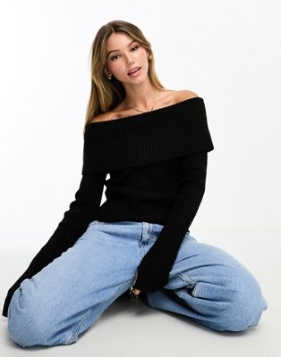 Monki knitted off the shoulder long sleeve top in black