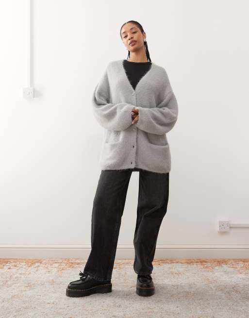 Monki knitted oversized cardigan in school grey, 2 of 4