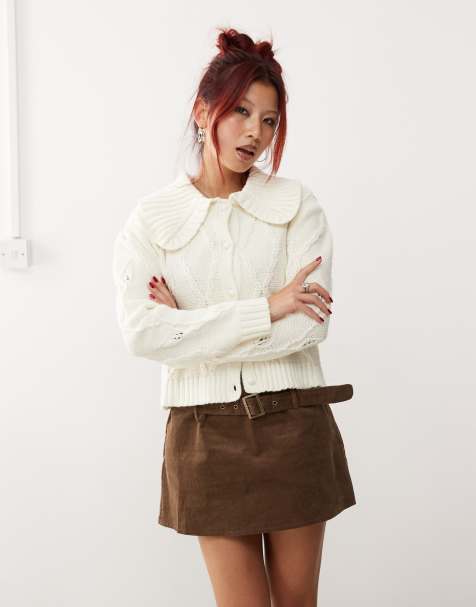 Monki knitted pattern cardigan with collar and puff sleeves in off white - view 1
