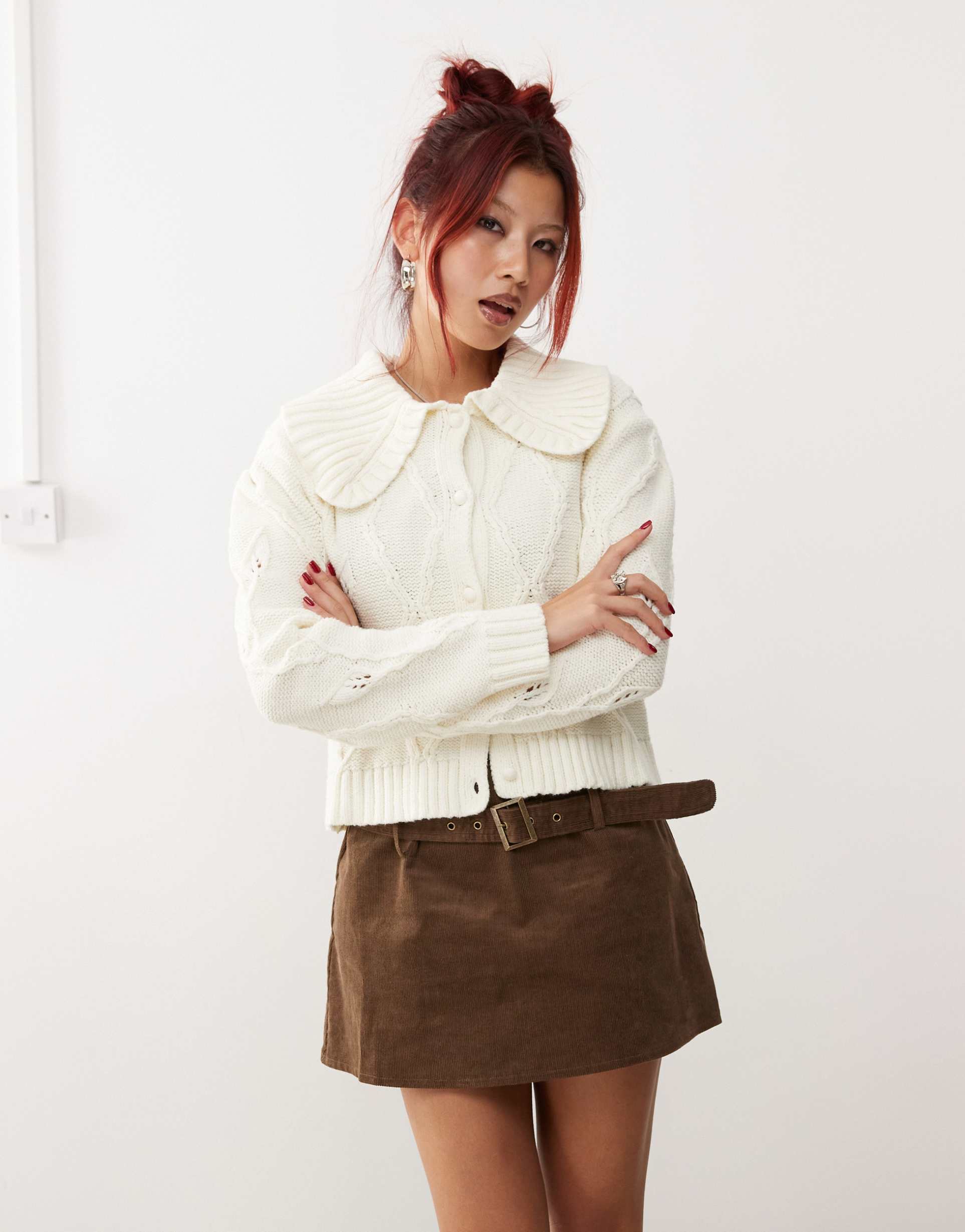 monki knitted pattern cardigan with collar and puff sleeves in off white
