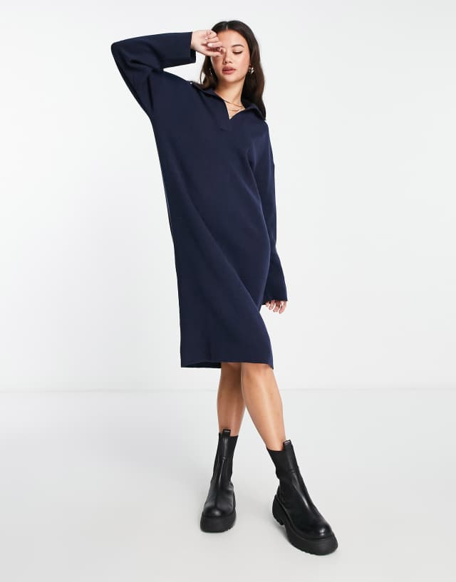 Monki knitted polo collar midi dress in navy