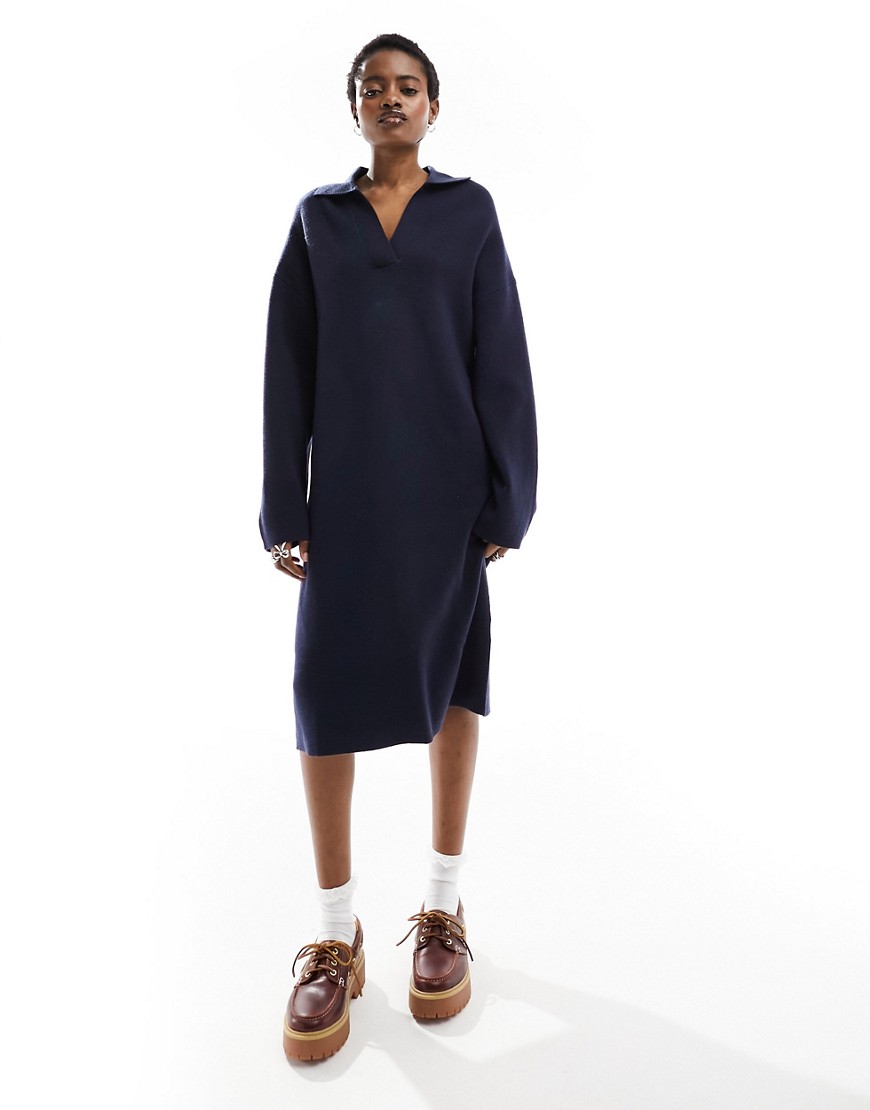 Monki Knitted Polo Collar Midi Long Sleeve Dress In Navy