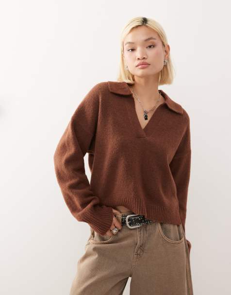 Monki knitted polo jumper in chocolate brown - view 1