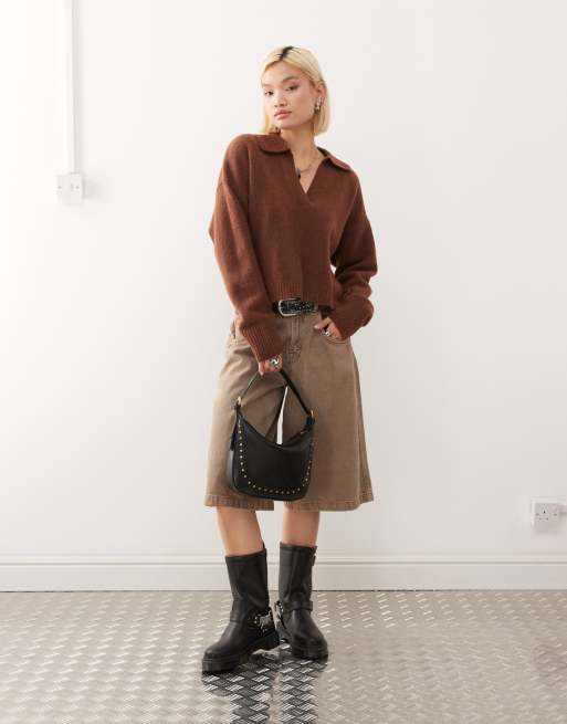 Monki knitted polo jumper in chocolate brown, 2 of 4