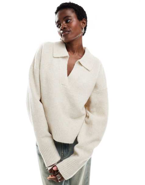 Monki knitted polo jumper in off-white - view 1