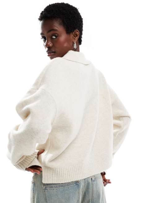 Monki knitted polo sweater in off-white