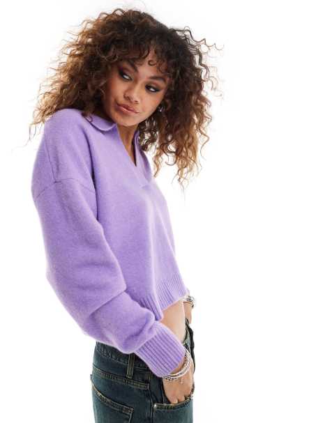 Monki knitted polo jumper in purple - view 1