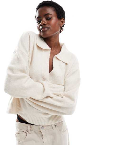 Monki knitted polo sweater in beige - view 1
